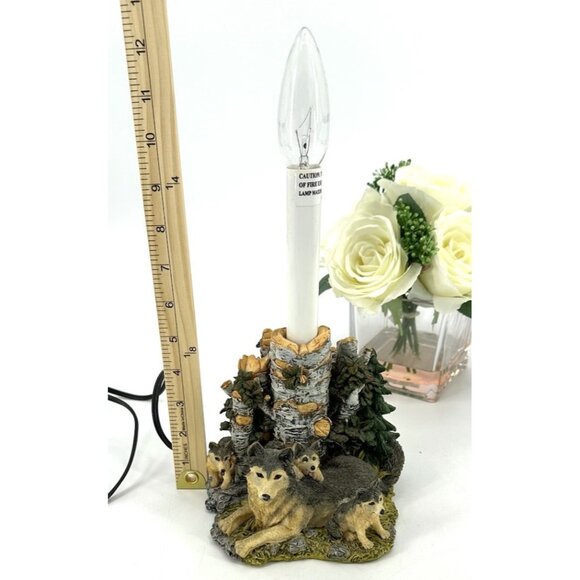 Cabin Theme Wolf Accent Table Lamp WolvesPups Birch Trees Woods Detailed Resin - Picture 11 of 15